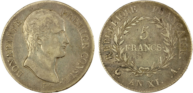 FRANCE: Napoleon I, as First Consul, 1799-1804, AR 5 francs, AN 11 (1802-3), KM-...