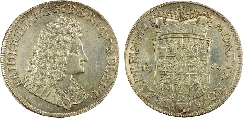 BRANDENBURG: Friedrich III, 1688-1701, AR 2/3 thaler (gulden), 1692 ICS, KM-557,...