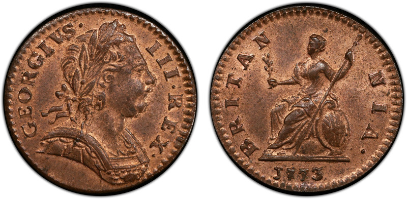 GREAT BRITAIN: George III, 1760-1820, AE farthing, 1773, KM-602, S-3775, much or...