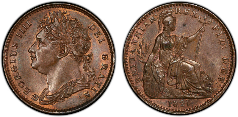 GREAT BRITAIN: George IV, 1820-1830, AE farthing, 1821, KM-677, S-3822, much ori...