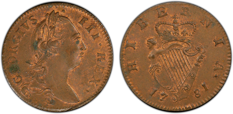 IRELAND: George III, 1760-1820, AE halfpenny, 1781, KM-140, S-6614, an attractiv...