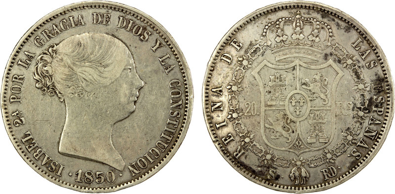 SPAIN: Isabel II, 1833-1868, AR 20 reales, Sevilla, 1850-S, KM-592.2, AC-624, in...