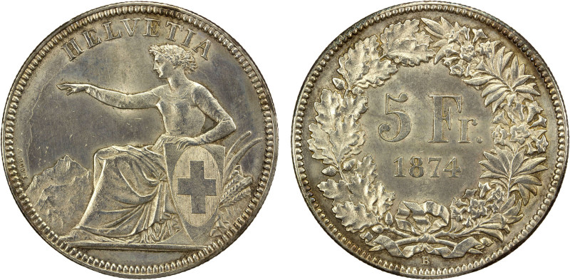 SWITZERLAND: Confederation, AR 5 francs, 1874-B, KM-11, once lightly cleaned, AU...