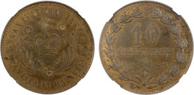 MADAGASCAR: Ranavalona III, 1883-1897, AE 10 centimes, 1883, KM-X1, Lec-5, with the letter E for "ESSAI" on star on reverse, a superb example with hin...