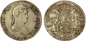 CHILE: Fernando VII, 1808-1818, AR 8 reales, 1814-So, KM-80, assayer FJ, VF.

Estimate: USD 275 - 375