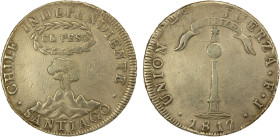 CHILE: Republic, AR peso, 1817, KM-82.2, Santiago Mint, assayer FJ, once lightly cleaned, iconic volcano design, VF, ex Almer H. Orr III Collection.
...