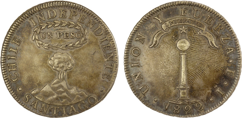 CHILE: Republic, AR peso, 1822, KM-82.2, Santiago Mint, assayer FI; volcano type...