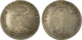CHILE: Republic, AR peso, 1822, KM-82.2, Santiago Mint, assayer FI, volcano type, VF, ex Almer H. Orr III Collection.

Estimate: USD 200 - 400