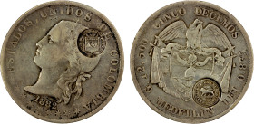 COSTA RICA: Republic, AR 50 centavos, 1889, KM-135.2, countermark on a Colombia 1882 Medellin 5 Decimos KM-161.1, VF, ex Almer H. Orr III Collection....