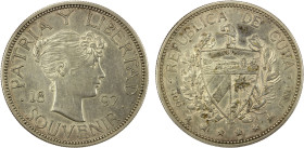 CUBA: Republic, AR souvenir peso, 1897, KM-M2, date closely spaced, low star variety, AU, ex Almer H. Orr III Collection. Designed by Philip Martiny a...