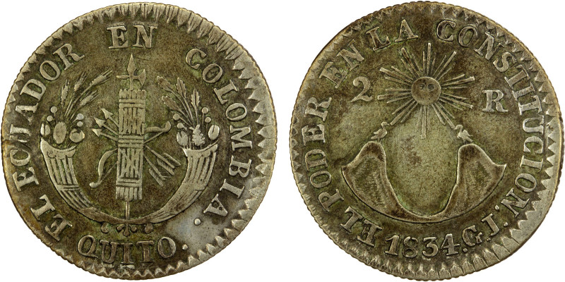 ECUADOR: El Ecuador de Colombia, AR 2 reales, 1834, KM-14, Quito, assayer GJ; co...