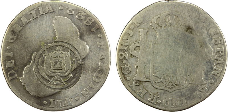 EL SALVADOR: Republic, AR 2 reales, ND (1868), type V countermark with radiant L...