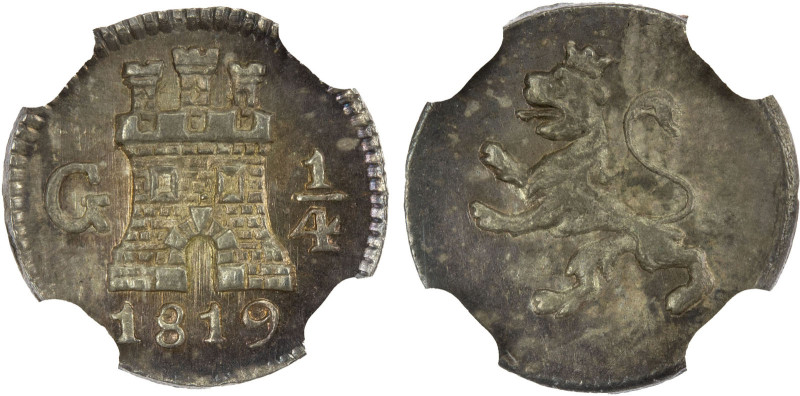 GUATEMALA: Fernando VII, 1808-1821, AR ¼ real, 1819-G, KM-72, AC-256, beautiful ...