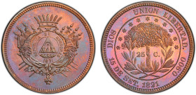 HONDURAS: Republic, AE 25 centavos, 1871, KM-Pn15, pattern in copper with plain edge, a superb specimen quality example! PCGS graded Specimen 65 BN, e...