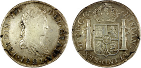 MEXICO: Fernando VII, 1808-1833, AR 8 reales, 1821-Do, KM-111.2, assayer CG, War of Independence issue, lovely old toning, uneven planchet, EF, ex Alm...