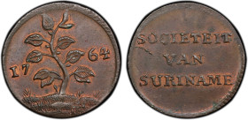 SURINAME: Dutch Colony, AE duit, 1764, KM-8.1, short grass variety, cocoa plant divides date // SOCIETEIT VAN SURINAME, a lovely mint state example wi...
