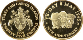 TURKS & CAICOS: Elizabeth II, 1952-2022, AV 25 crowns, 1995, KM-257, 50th Anniversary of VE-Day on May 8, 1945, busts of Churchill, Roosevelt, and Sta...