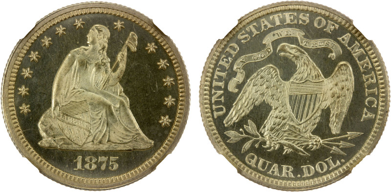 UNITED STATES: AR 25 cents, 1875, KM-A98, Seated Liberty type, a superb cameo pr...