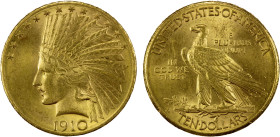 UNITED STATES: AV 10 dollars, 1910-S, KM-130, Indian Head type, with motto, a couple faint scratch marks, AU-UNC, ex Coin Galleries May 24, 1989 Sale,...