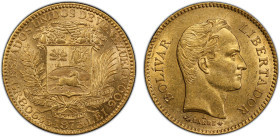 VENEZUELA: Republic, AV 5 venezolanos, 1875-A, Y-17, struck at the Paris Mint, one-year type, an attractive nearly mint state example, PCGS graded AU5...