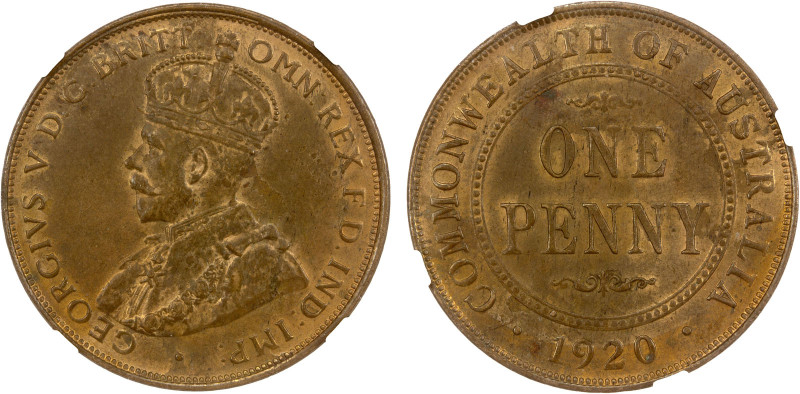 AUSTRALIA: George V, 1910-1936, AE penny, 1920(s), KM-23, type without dots (no ...