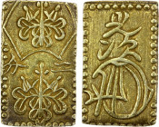 JAPAN: Ansei, 1854-1860, AV 2 bu (5.64g), Edo Mint, H-8.30, JNDA-09-27, fan-shaped kiri crest above and below, ni bu at center // Mitsutsugu signature...