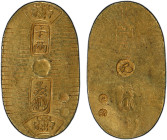 JAPAN: Man'en, 1860-1861, AV koban (3.33g), Edo, H-8.26, JNDA-09-23, fan-shaped kiri crest above and below, ichi ryo at top, Mitsutsugu signature at b...