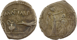 ROMAN IMPERATORIAL PERIOD: Mark Antony, AR quinarius (1.74g), military mint in Transalpine Gaul, 43 BC, Crawford-489/4, Lituus, ewer, and raven standi...