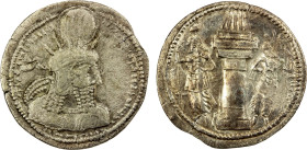 SASANIAN KINGDOM: Varhran I, 273-276, AR drachm (3.43g), G-41, king's bust, wearing tight headdress with korymbos & earflaps // fire altar, left atten...