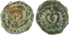 CHACH: Unknown Principality, first half of 8th century, AE cash (2.31g), S&K-7.1.III, cf. Zeno-296672, facing bust // tamgha; generally as Zeno-296672...