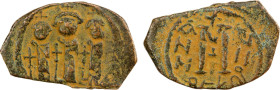 ARAB-BYZANTINE: Three Standing Figures, ca. 640s-660s, AE fals (5.23g), ND, A-3501, mint inscribed as BEKΩ of unknown meaning; copying the 3 figure is...