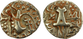 KIDARITE: Vigrahatunga, 7th/8th century, debased AV dinar (6.80g), Cribb-30, highly stylized king standing left // abstract Ardoksho seated facing, sr...