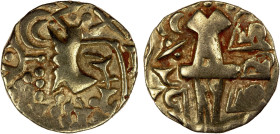 KIDARITE: Vigrahatunga, 7th/8th century, debased AV dinar (7.84g), Cribb-30, highly stylized king standing left // abstract Ardoksho seated facing, sr...