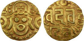 GAHADAVALAS OF KANAUJ: Govinda Chandra, ca. 1114-1154, AV 4½ masha (4.31g), De-145, goddess Lakshmi seated facing // Devanagari legend srimad go / vin...