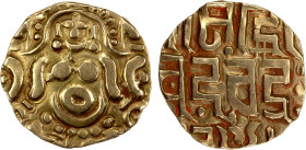 GAHADAVALAS OF KANAUJ: Govinda Chandra, ca. 1114-1154, AV 4½ masha (4.02g), De-145, goddess Lakshmi seated facing // Devanagari legend srimad go / vin...