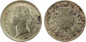 BRITISH INDIA: Victoria, Queen, 1837-1876, AR ¼ rupee, 1840 (c/b), KM-454.1, S&W-3.55 (type A/III), Obverse of type 1 (divided legend), reverse of typ...