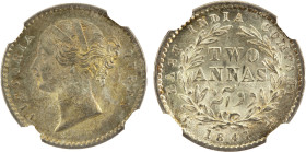 BRITISH INDIA: Victoria, Queen, 1837-1876, AR 2 annas, 1841(c), KM-460.2, divided legend, with raised W.W. on the truncation, NGC graded MS64.

Esti...