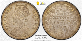 BRITISH INDIA: Victoria, Queen, 1837-1876, AR rupee, 1862(b), KM-473, S&W-4.57, reverse 0/0, an attractive nearly mint state example, PCGS graded AU58...