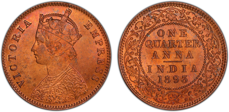 BRITISH INDIA: Victoria, Empress, 1876-1901, AE ¼ anna, 1893(c), KM-486, S&W-6.5...