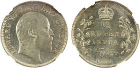 BRITISH INDIA: Edward VII, 1901-1910, AR ¼ rupee, 1908(c), KM-506, NGC graded MS62.

Estimate: USD 80 - 120