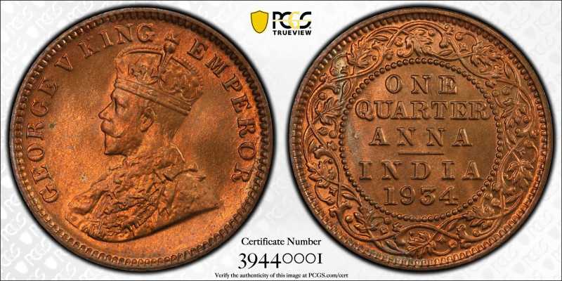 BRITISH INDIA: George V, 1910-1936, AE ¼ anna, 1934(c), KM-512, S&W-8.382, a won...