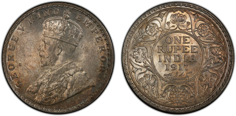 BRITISH INDIA: George V, 1910-1936, AR rupee, 1917(b), KM-524, S&W-8.39, Pud-223...