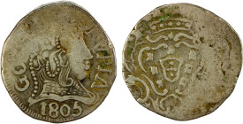 PORTUGUESE INDIA: GOA: João, regency, 1799-1816, AR rupia (10.80g), 1805, KM-205, about 25% flat, bold date, VF.

Estimate: USD 100 - 150