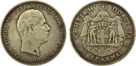 CRETE: George I, 1863-1913, AR 5 drachmai, 1901, KM-9, F-VF, ex Almer H. Orr III Collection.

Estimate: USD 75 - 125