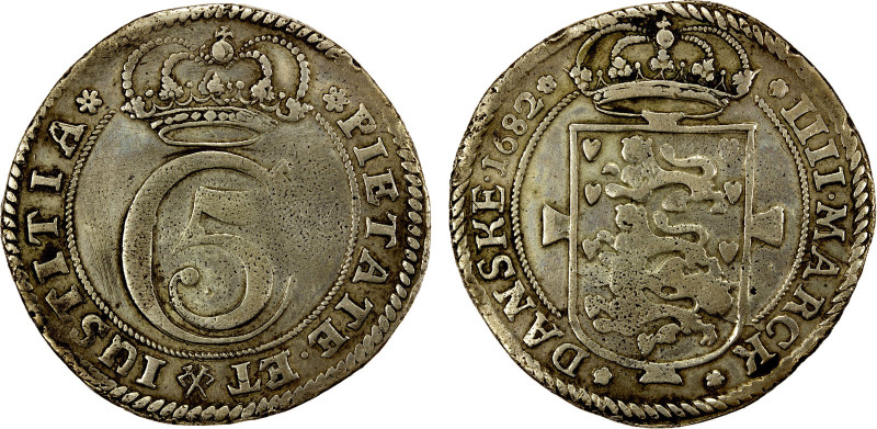 DENMARK: Christian V, 1670-1699, AR krone (4 mark) (21.87g), 1682, Dav-3637, KM-...