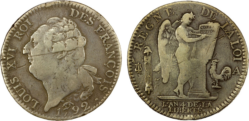 FRANCE: Louis XVI, 1774-1793, AR ecu, 1792-A, KM-615.1, Paris Mint, light scratc...