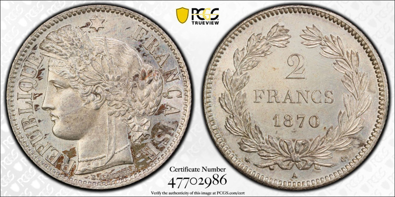 FRANCE: Third Republic, AR 2 francs, 1870-A, KM-816.1, Gad-529, a lovely lustrou...