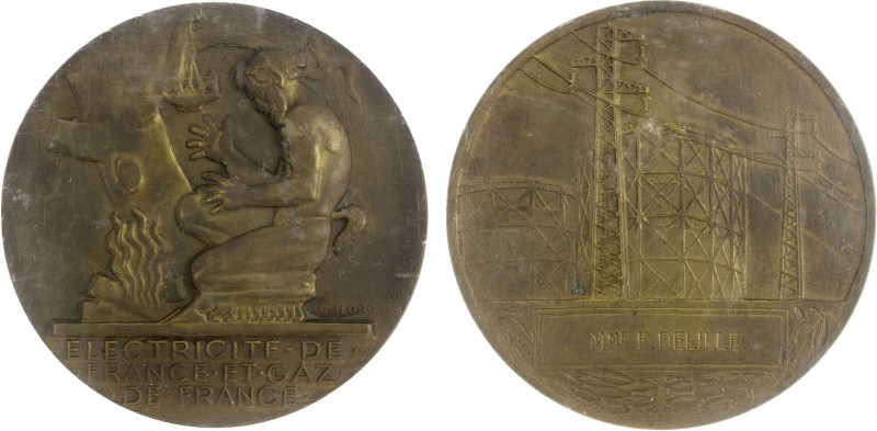 FRANCE: AE medal, ND (ca. 1930), 55mm bronze award medal for the Electricity and...