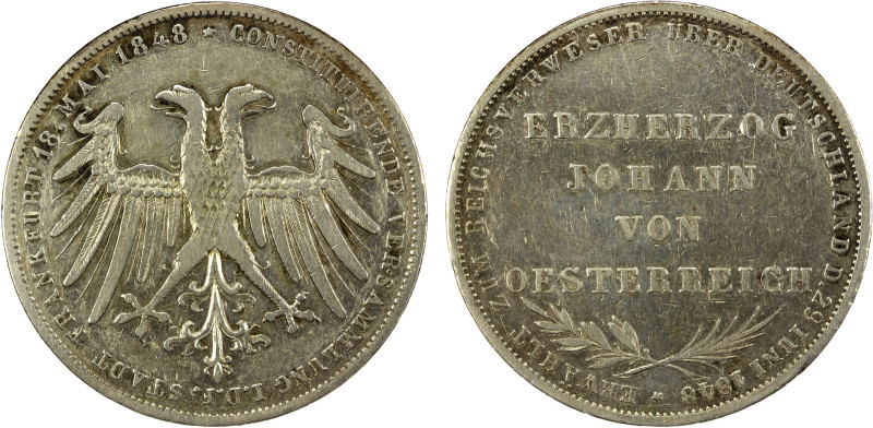 FRANKFURT: Free City, AR 2 gulden, 1848, KM-338, J-46, Thun-135, AKS-39, Archduk...