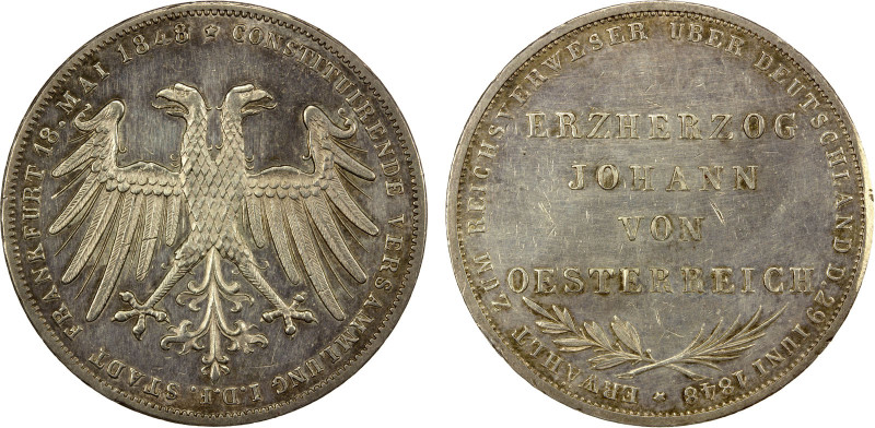 FRANKFURT: Free City, AR 2 gulden, 1848, KM-338, Issue minted on the occasion of...